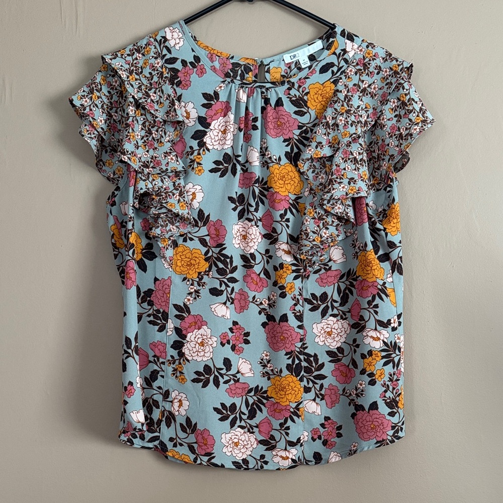 DR2 Floral Ruffle Sleeve Blouse - Blue, Yellow, Pink